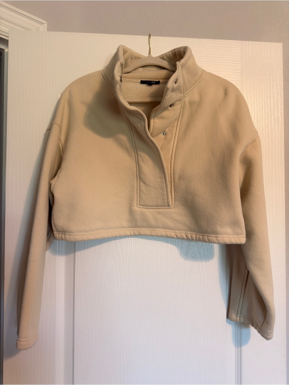 Papermoon Beige Cropped Snap-Front Mock Neck Sweater